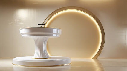 3D rendering white circular podium on gold background High quality isolated background