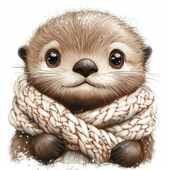 close-up of cute baby sea otter, wrapped in thick beige knitted scarf, winter setting with snowflakes, warm festive atmosphere, white background. digital sticker, children's book illustration concept.