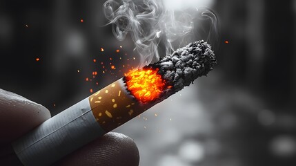 Cigarette. Cigarette ashes falling from a burning tip, with smoke trails in the background. Burning cigarette.