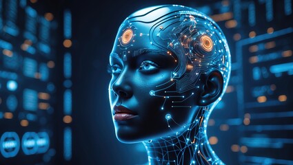 Obraz premium Big data and artificial intelligence concept. Machine learning and cyber mind domination concept in form of women face on dark blue technology background, 3d illustration