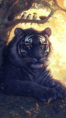 Majestic black tiger resting under tree with birds nearby