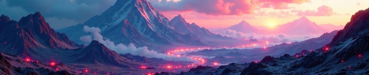Fototapeta premium A futuristic landscape with towering mountains in the background and scattered splashes of color across the terrain, glowing, sci-fi, high-tech