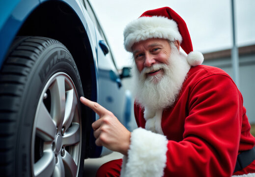 Santa Claus dressed in festive attire inspects a car tire, showcasing Christmas cheer and vehicle maintenance. A festive depiction merging holiday spirit with practical tasks.