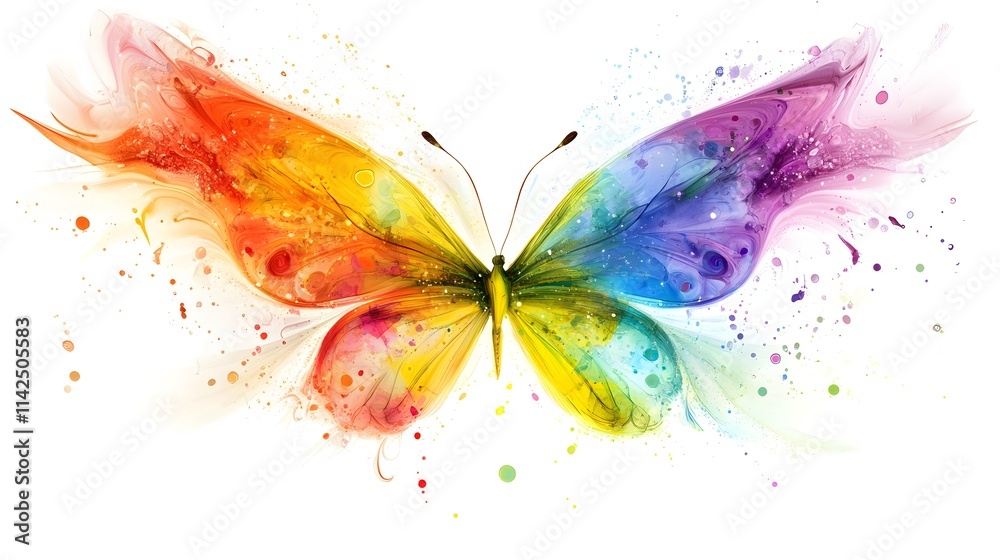 Poster vibrant and colorful abstract butterfly design with splashes of paint and whimsical elements, symbol