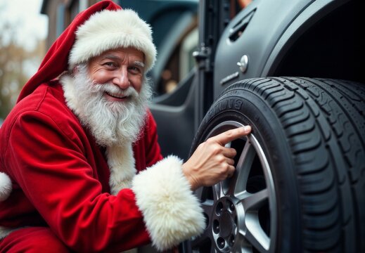 A man dressed as Santa Claus leaning on the wheel of a car.