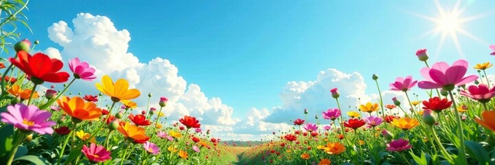 Fototapeta premium A garden full of vibrant flowers sways gently in the breeze under a clear blue sky with a few fluffy white clouds, nature, garden