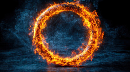 mesmerizing fire circle radiates intense heat and vibrant energy, surrounded by swirling smoke, creating captivating visual display of flames and light