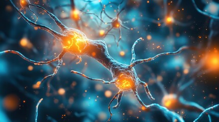 Abstract Neurons with Glowing Synapses in Blue Digital Background