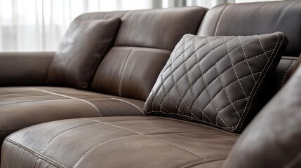 Genuine luxurious of an elegant vintage square pattern brown leather seat car, sofa,cushions,upholstered furniture in retro style with thread pattern, brown leather padded background.Close-up