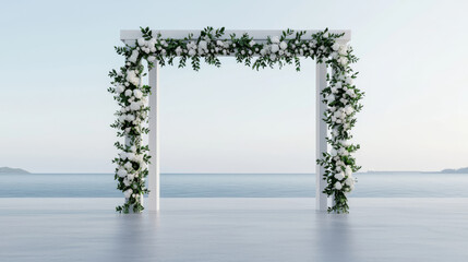 beautiful wedding arch adorned with white flowers by sea