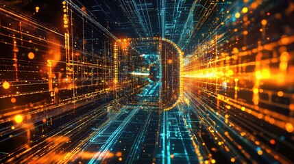 A digital model of a quantum microchip's architecture, showing quantum gates and energy pathways interacting in a high-tech environment