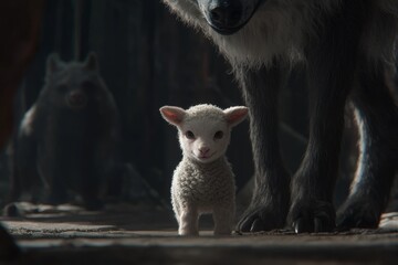 A Curious Lamb Stands Boldly in a Shadowy Forest Among Cryptic Creatures, Embracing Innocence and Wonder in a Mysterious Natural Setting