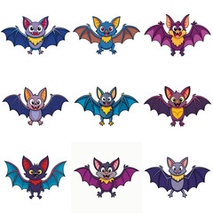 Set of cartoon Halloween bats. Collection set. Design for Halloween party decoration. Vector illustration. Trick or Treat Concept. Illustration isolated on background.