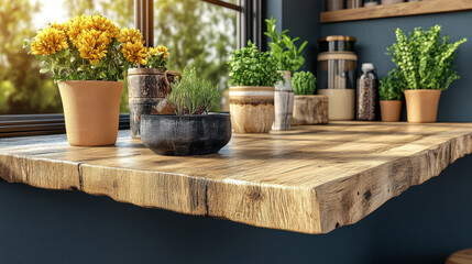 rustic wooden shelf adorned with potted flowers and herbs, creating warm and inviting atmosphere. natural textures and vibrant colors enhance cozy kitchen decor
