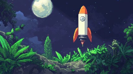 Fototapeta premium Retro Rocket Launching Into Night Sky with Moon and Lush Foliage