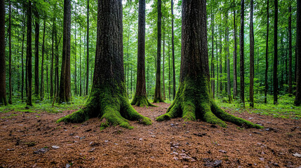 Obraz premium Misty old growth forest with towering ancient trees and lush greenery