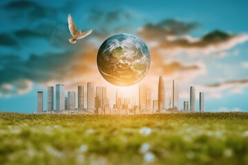 Exploration of magical frontiers with a floating globe and modern city skyline at sunset