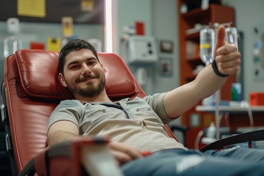 Happy Donor Giving Thumbs Up While Donating Blood in Modern Clinic Setting, Showcasing Positive Experience and Generosity in Healthcare Environment