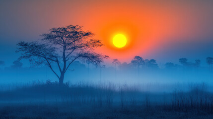 Fototapeta premium serene sunset over misty landscape, featuring silhouetted tree against vibrant orange and blue hues. tranquil scene evokes sense of peace and calm