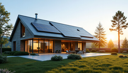Modern Solar Home with Stone Exterior and Outdoor Living Space at Sunset