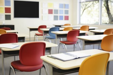 Bright, inviting classroom setup with notebook and pen ready for focused study sessions in a modern learning environment