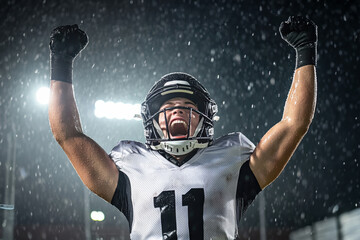 Football player celebrates victory in the rain during a night game