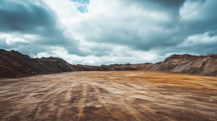 Empty Quarry Landscape Under Cloudy Sky