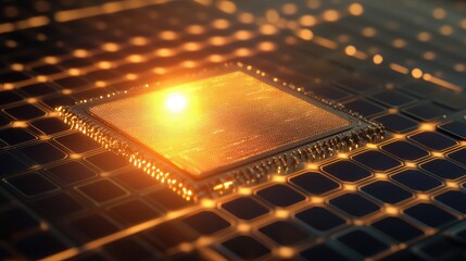 A digital representation of a solar-powered microchip glowing brightly, with solar cells converting light into energy