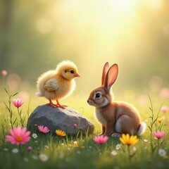 Chick on Rock and Bunny in Meadow with Wildflowers and Morning Light
