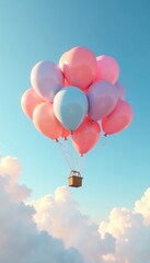 Fototapeta premium A group of balloons slowly ascending into the pale blue atmosphere, soft breeze, relaxed atmosphere, serene scene