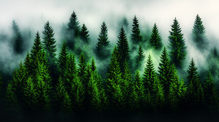 Obraz premium Dense pine trees in foggy mountain forest create serene atmosphere
