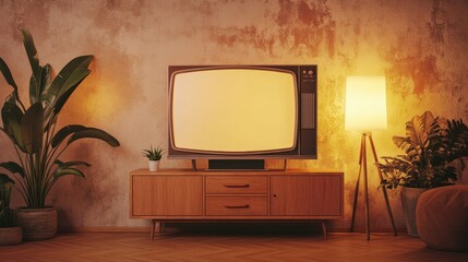 Cozy Living Room with Vintage Television and Warm Lighting Decor
