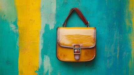 Fashionable leather bag on color background, top view