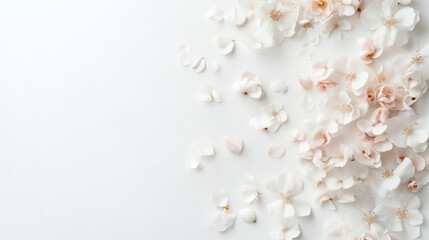 Obraz premium Soft pattern with pressed flowers, their petals painted in delicate, the blooms flowers scatter gently across the white background