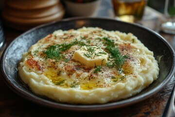 Smooth and buttery mashed potatoes topped with fresh dill and a pat of melting butter, served on a rustic plate