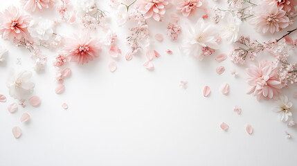 Soft pattern with pressed flowers, their petals painted in delicate, the blooms flowers scatter gently across the white background