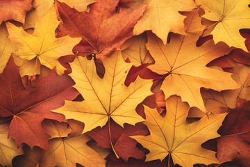 Fototapeta premium Beautiful Autumn Leaves on Ground in Vibrant Shades of Orange, Yellow, and Red, Capturing the Essence of Fall Season for Nature Enthusiasts and Photographers