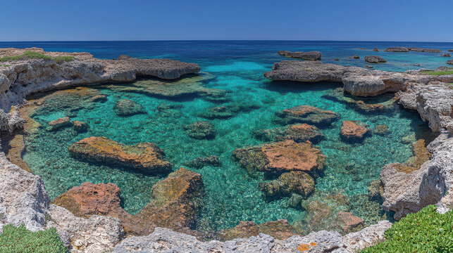 serene ocean background with clear blue water and rocky formations creates tranquil coastal scene. vibrant colors and calm atmosphere evoke sense of peace and relaxation