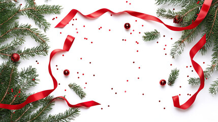 Christmas pine branches and flying red ribbon on white background