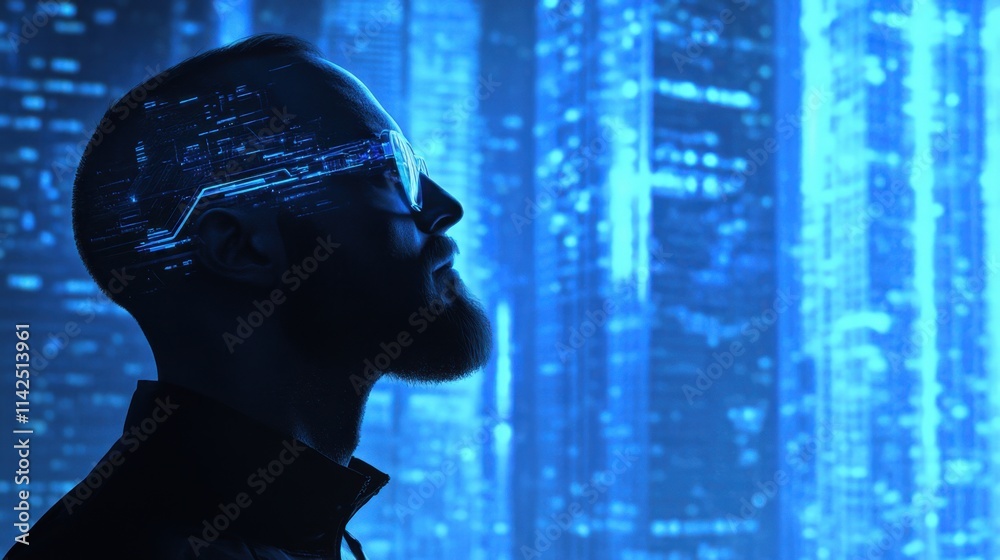 Wall mural Futuristic Man with Glasses Against Digital Cityscape Background