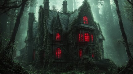 Mysterious Gothic House Among Enchanted Forest with Red Windows