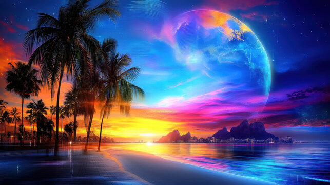 Vivid tropical beach with glowing sunset and surreal sky