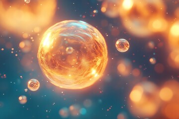 Fototapeta premium Abstract golden spheres emitting light and floating in a dark blue environment with particles