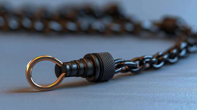 close up view of black metal chain with circular attachment point, showcasing its sleek design and texture against soft grey background. image conveys sense of strength and durability