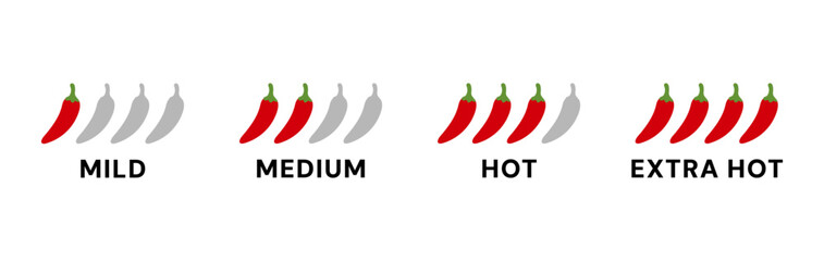 Red hot chili pepper levels. Mild, medium, hot, extra hot peper icons, illustrations. Pepper chart.