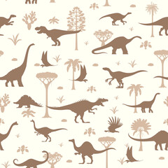 Prehistoric dinosaur animals and reptiles seamless pattern. Vector background of jurassic dinos, prehistoric forest trees and plants. Tyrannosaurus, velociraptor and dimorphodon dinosaur silhouettes