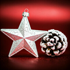 silver christmas star ornament and frosted pine cone on red festive background