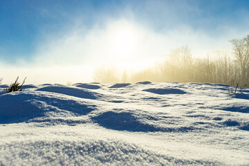 Winter landscape in the mountains with snow-covered trees.