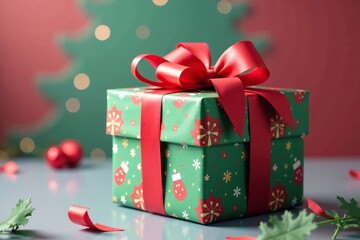 A large festive gift box wrapped in colorful tissue paper with a big ribbon bow on top, Bow, Christmas