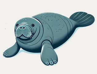 A playful illustration of an Amazonian manatee lounging on a light backdrop.